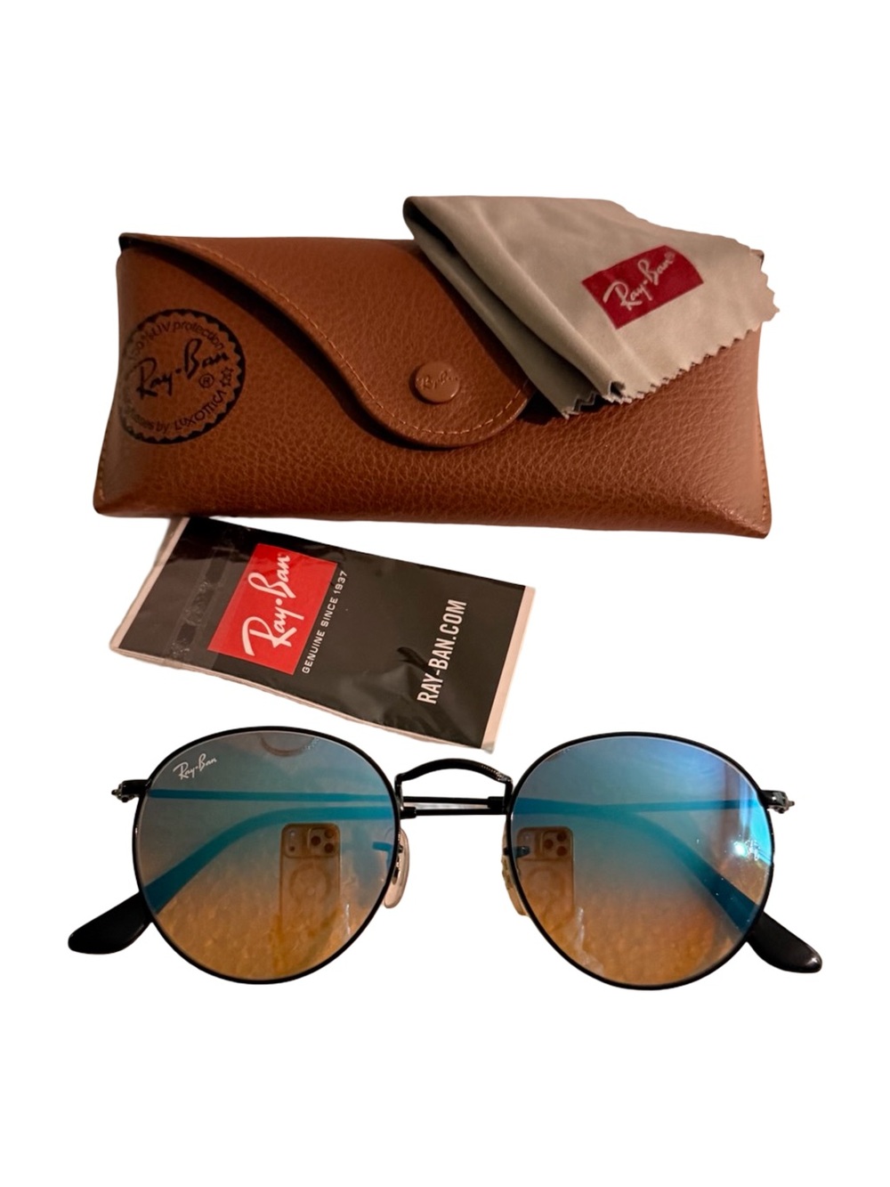 New unisex Ray-Ban Round Metal Sunglasses with Blue to Brown Gradient Lenses